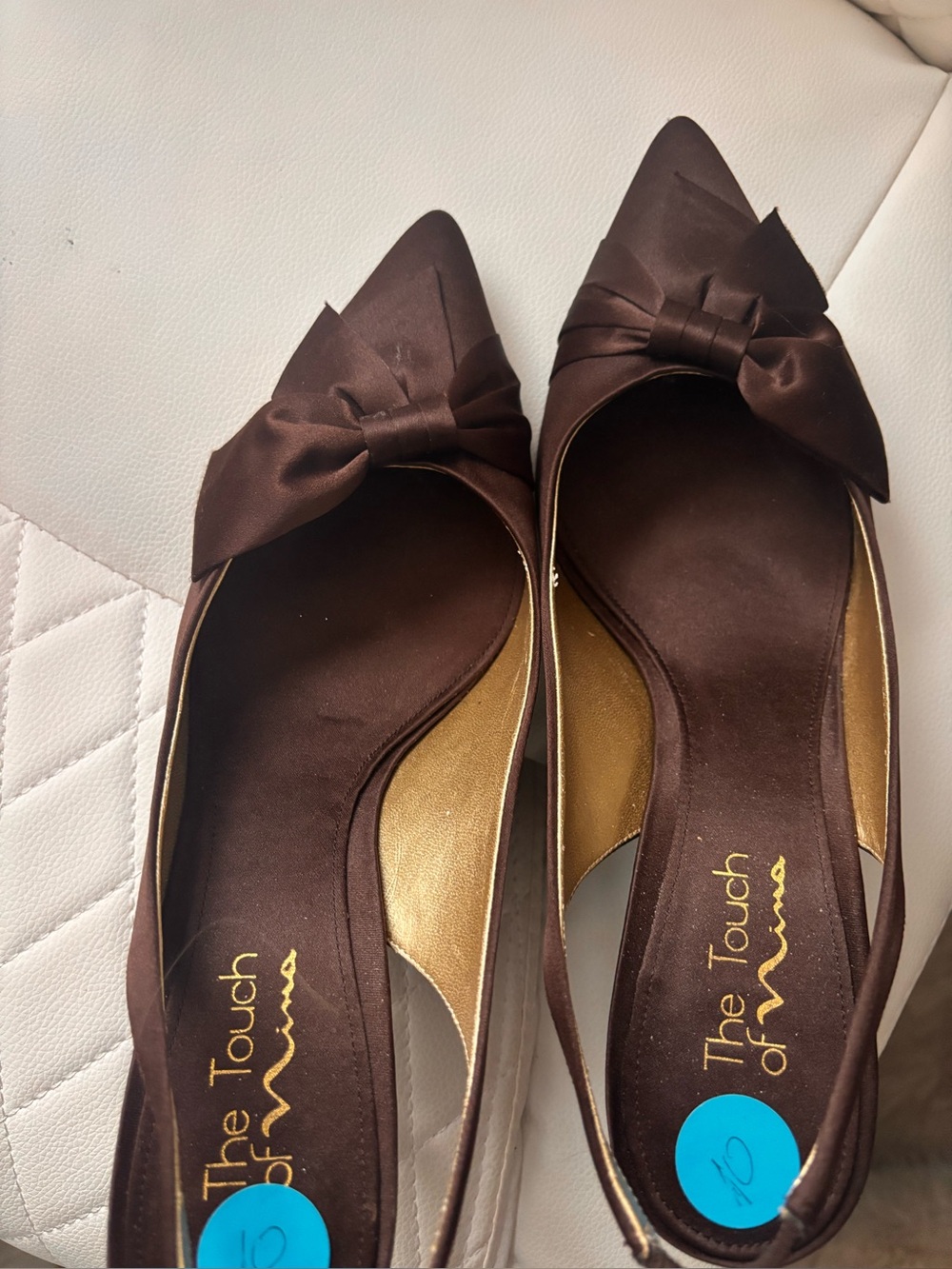 Touch of Nina Brown Satin Pointed-Toe Slingback Flats with Bow